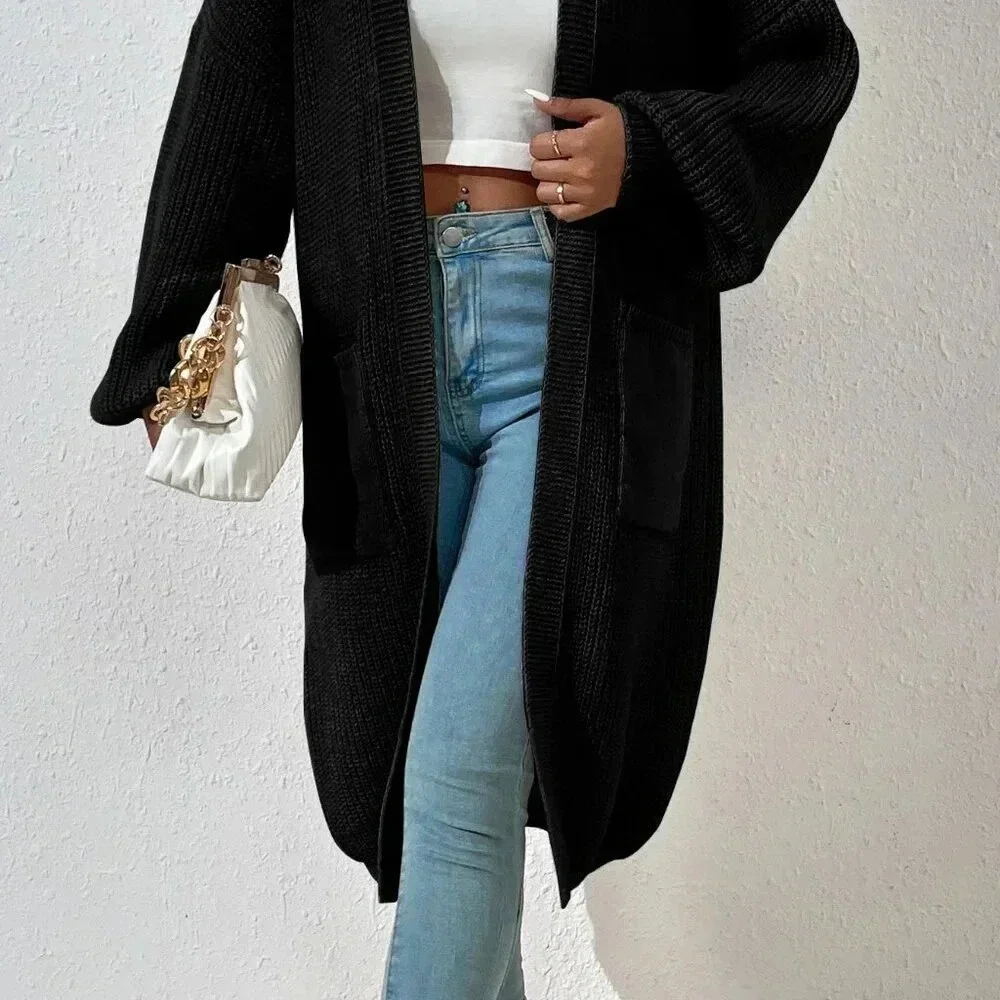 Black Casual Women's Dual Pocket Drop Shoulder Cardigan